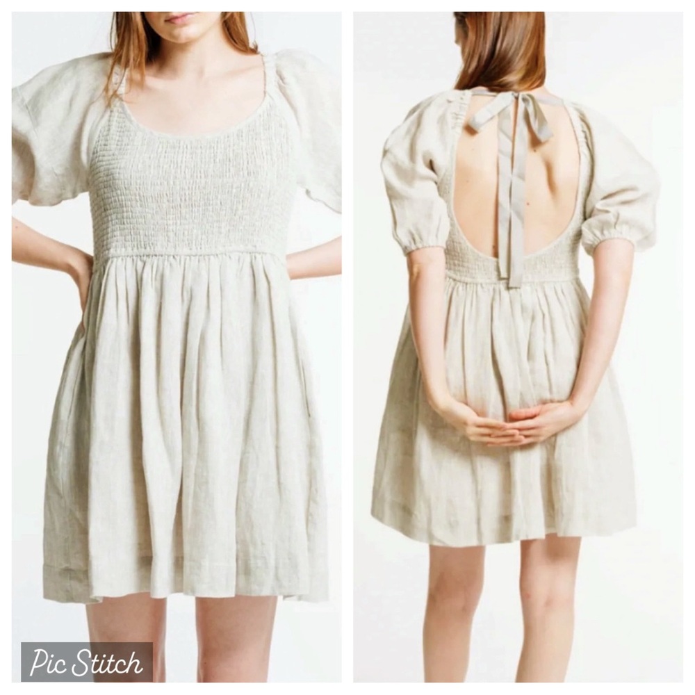 LAUDE the Label Carmen Mini Dress‎ in Natural Puff Sleeve Open Back Size L/XL